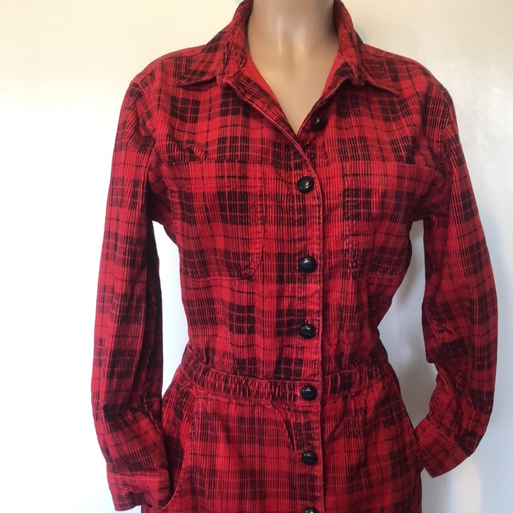 FADS vintage Corduroy red & black color,  4 Pockets, 💯% cotton women’s DRESS  M”